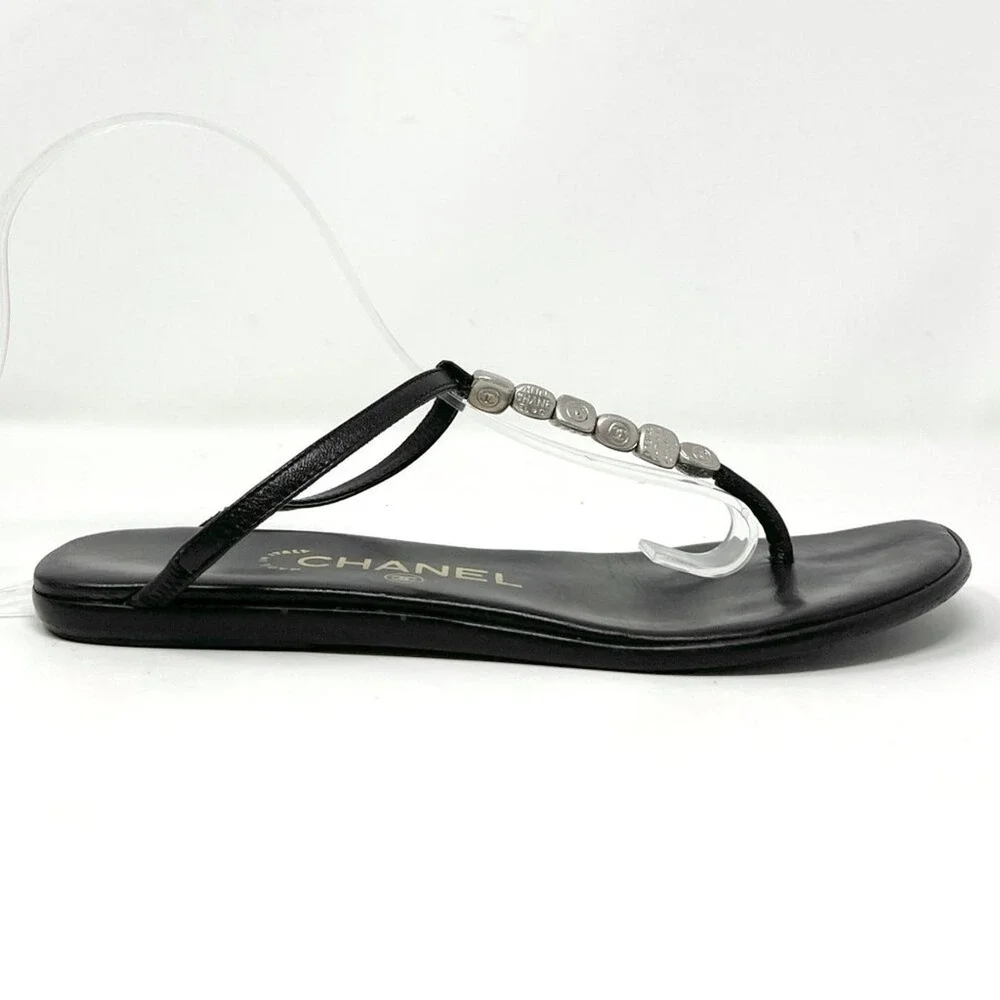 Chanel Black Leather CC Logo‎ Flat Thong Sandals 36.5 Vintage